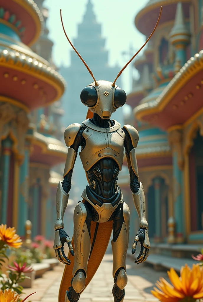 Fire ant wearing black and white cyber suit standing on Taj Mahal 