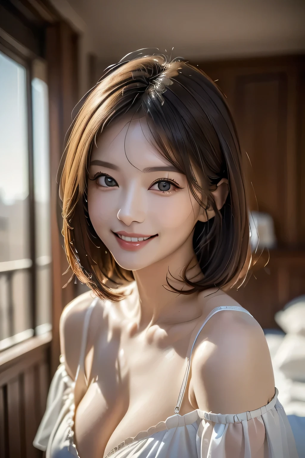 ((Realistic Light, Highest quality, 8k, masterpiece: 1.3)), 1 girl, A beautiful and fruitful year, Brunette Bob, (Big Breasts), Random color off-shoulder cut top: 1.3, Highly detailed face, Beautiful Eyes, double eyelid, smile, Cleavage, Saggy breasts, (My Room), morning