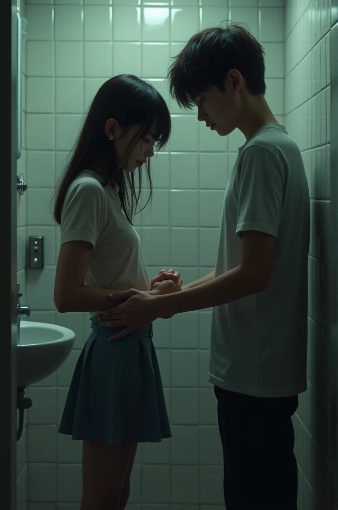 A girl inside a bathroom, standing with a boy, the boy putting his hand inside her skirt