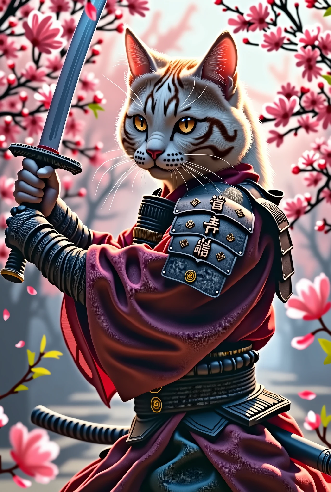 Cat samurai with sakura sword