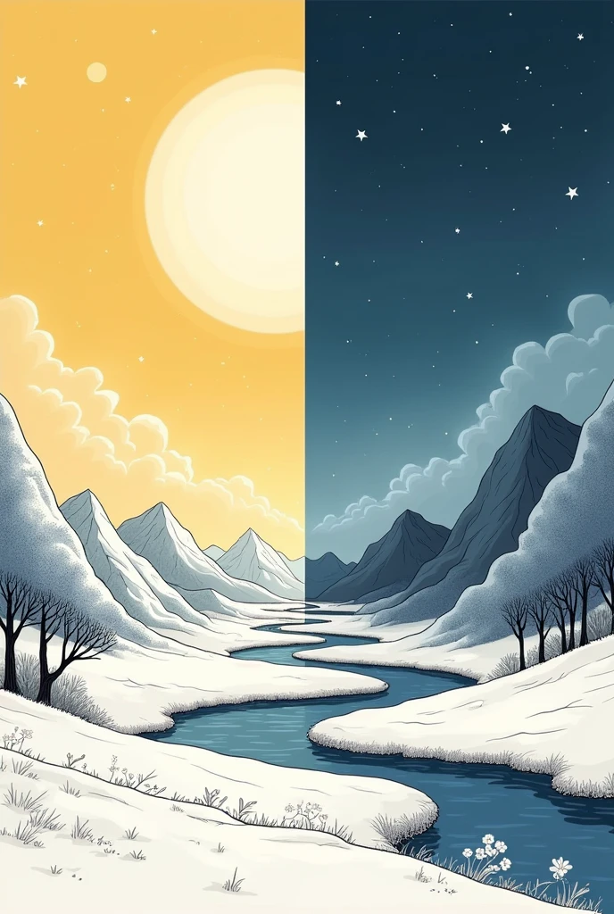 Create a line art illustration of day and night spit in half