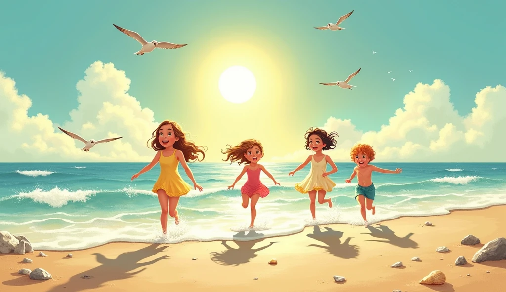 : A vintage-style illustration of Lily and her friends playing on the beach during a warm afternoon. The sun is high in the sky, casting a bright light over the sand and waves. Lily is seen laughing and running with her friends, their bare feet splashing in the shallow water. Seashells and small rocks are scattered across the beach, and seagulls fly overhead. The scene is full of youthful energy and joy, capturing a moment of carefree happiness
