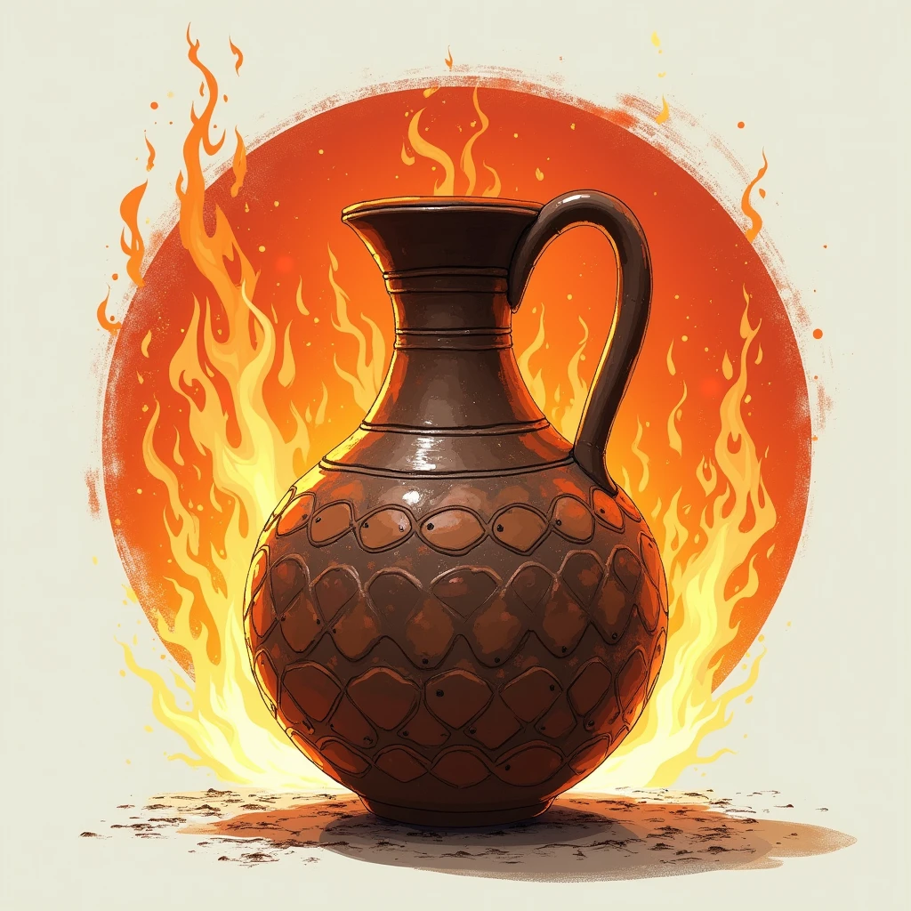 The world's oldest art is nearing completion, Jomon pottery is fired in a kiln, engulfed in flames, Please take a close look at the Jomon pottery that has been burned red by the flames, Realistic photos, (Close-up to pottery:1.2), (Burning flame background:1.4), 
(no white background:1.4), (Inside the kiln:1.2), 