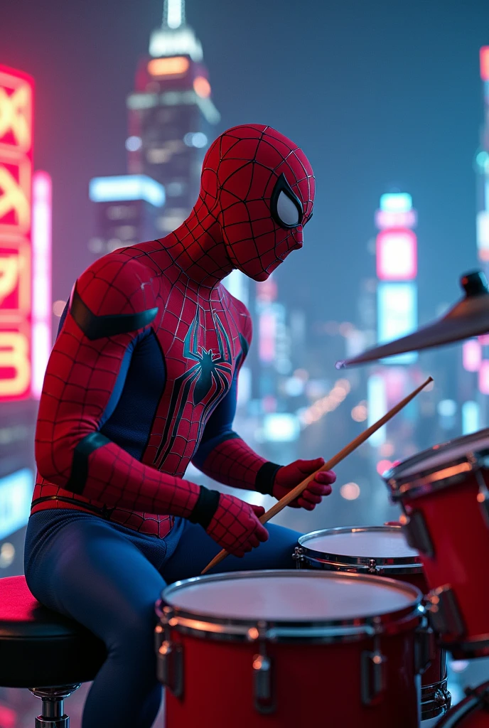 Spiderman playing electric drums for wallpaper