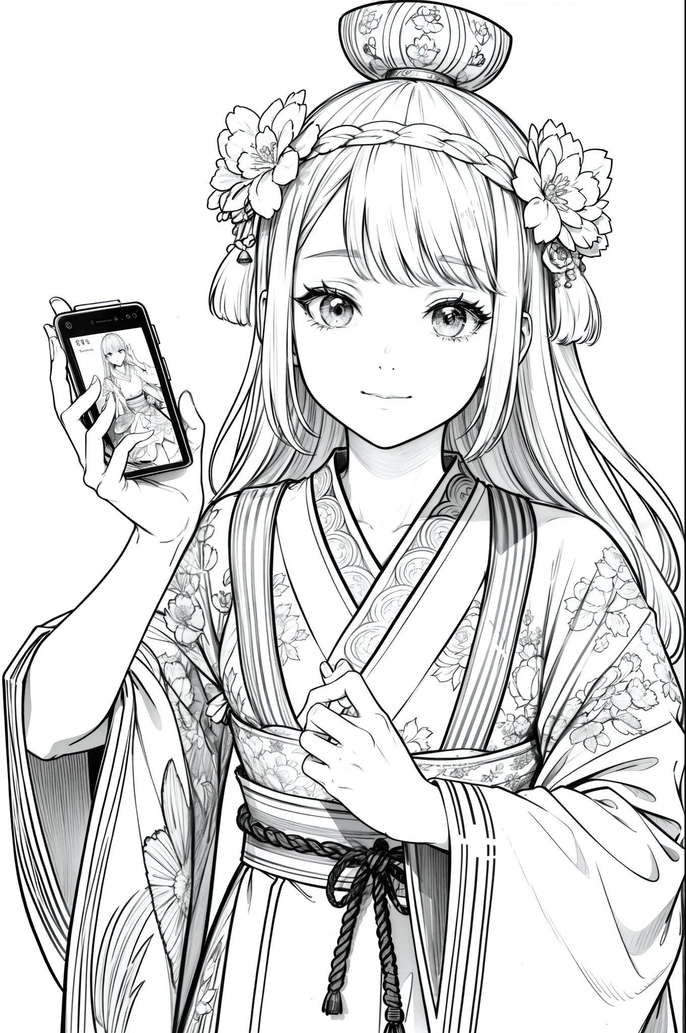 Masterpiece, top class, unique, cute, flower, line drawing background, white background, monochrome, line drawing, ((sketch)), creepy, white eyes, create a monochrome coloring book that even adults can easily do, a realistic and cute ukiyo-e of a girl wearing a kimono and smiling in front of a temple dedicated to the Tallest Buddha, taking a selfie with a smartphone in one hand, conveying Japanese culture.