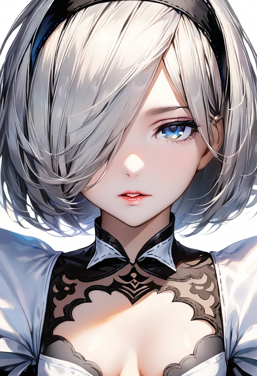 (nsfw:1.5),(Topless:1.3),{(masterpiece,Highest quality, 16k portrait, Ultra-high resolution, Highly detailed work, Beautiful face, eyes, skin and hair in every detail)} 
break {1 woman, 2,(Nier Automata 2B:1.4), (Light brown to light white hair:1.4, Shortcuts), (Medium Mouse),(Narrow and sharp eyes),(Attractive bluish-grey eyes:1.4),(Her left eye is hidden by her bangs.:1.2),(Slender body,Small breasts):1.2,Seductive lips} 
break {(2B Costume from Nier Automata:1.2),(Cleavage:1.2),(hair band:1)} 
break {Face Focus}