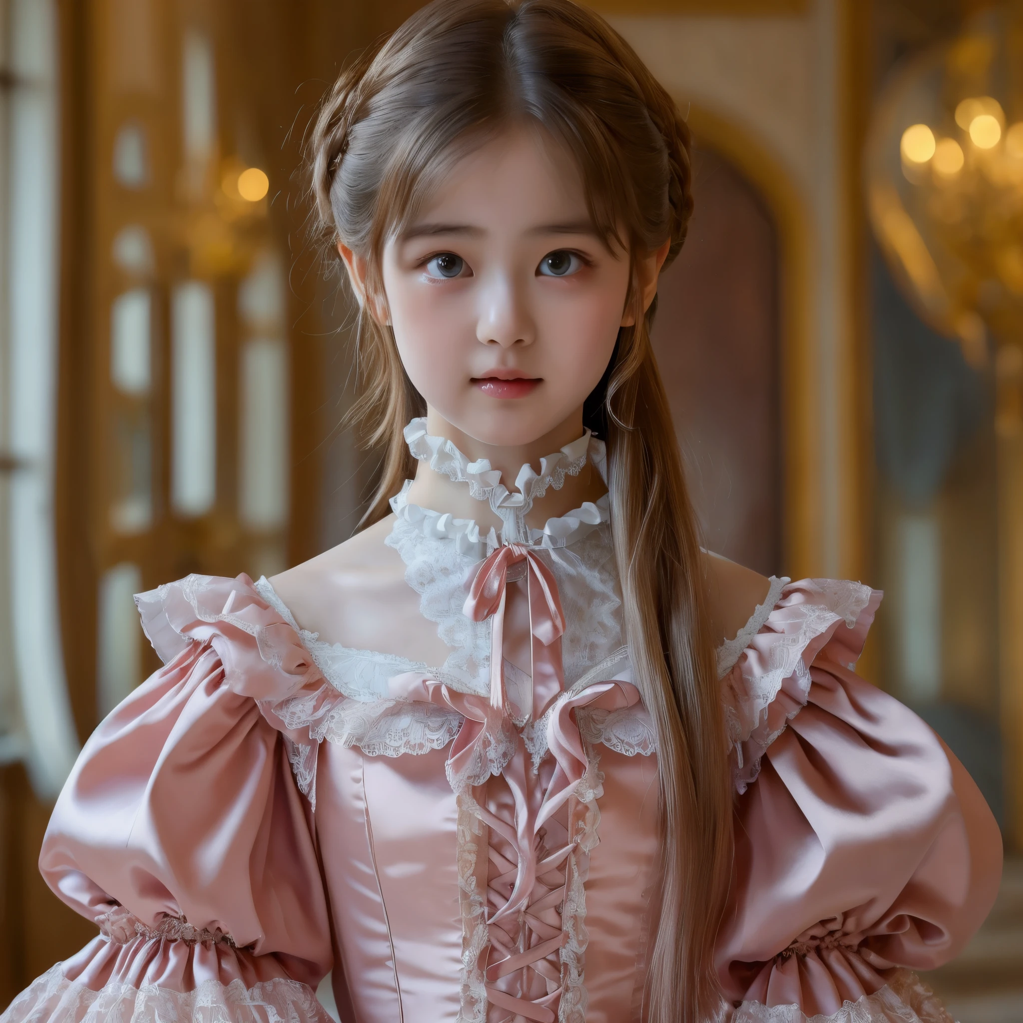 ,Highest quality, masterpiece, Highest Resolution, artwork, super それにGet used to it, many Get used to it, Get used to it, それにGet used to it, 3K realistic photo,,,((Young short girl 1.6)),Very detailed young face,Long Hair,The girl is a princess,(((Full-length ball gown dress with hoop skirt))),Frilled yoke collar,Puff sleeves,Lace-up ribbon on chest,Detailed braided corset,,Long sleeve,((Victorian pink Detailed Princess Satin Dress、Lots of frills and ribbons。)),Rococo style,tafation,(((Detailed braided chest 1.6)),Glossy silk satin dress,Soft and smooth fabric,luxury,Long Wavy Hair,Inside a Medieval European Palace,