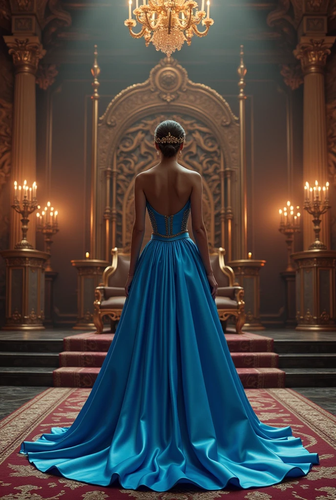 Woman in blue dress about to be crowned is standing in front of her coronation throne in a beautiful castle