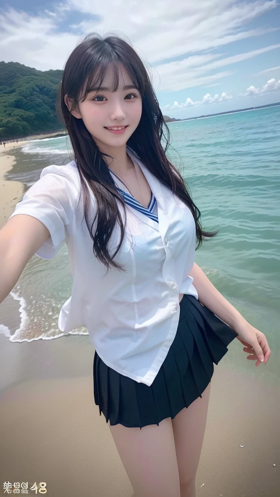 One girl, alone,smile, ((Beach)),(morning日:1.1),  alone, Star hair ornament,Shine, from the front, uniform, morning, Wave to the camera, Ocean,　smile