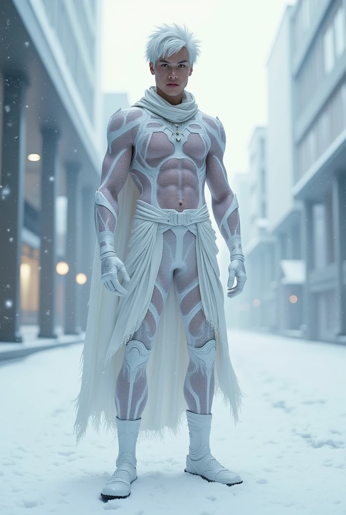 Full body photorealistic handsome hunky masculine Legion white messy haired fractal white skinned young Jack Frost,,unreal engine, extremely attractive male wearing white scales very transparent see through mesh latex spandex,, with belt and gloves,, extremely masculine physique, intricately detailed, super duper bulge, realistic skin, short tousled hair, futuristic snowy city as background
