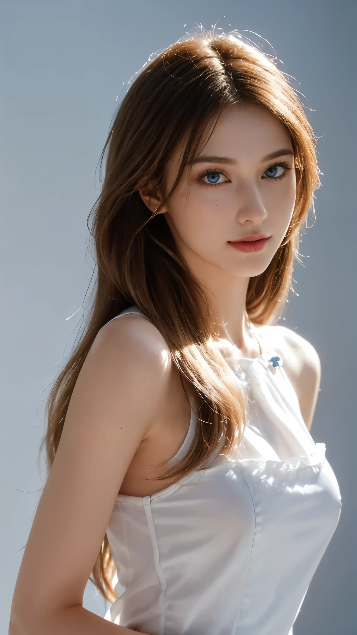 8K, Top Quality, Intricate Details, Ultra Detail, Ultra High Resolution, Masterpiece, Direct face angle, Slender, Smile, close up shot, (Makeup: 0.4), (Fluffy Blue Eyes: 1.21), blue Eyes, looking at camera,, 1girl, solo, 1 girl, , close up shot, , ((tall)), (((fit body))), (((slim face))), sharp face, sharp eyes, ((( golden hair, long hair, )) , (detailed face), sharp face, small lips,
(()), ((Nice white night dress)), detailed face, detailed breast, , large breast, detail ass, , Beautiful girl with accentuated slender abs: 1.4, Six Pack Abs: 1.4, Bust Botox, Big, Perfect Body, detail leg, Natural light