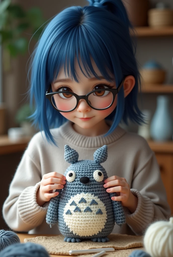 young woman with blue hair and brown eyes wearing glasses making a gray crochet totoro amigurumi cartoon