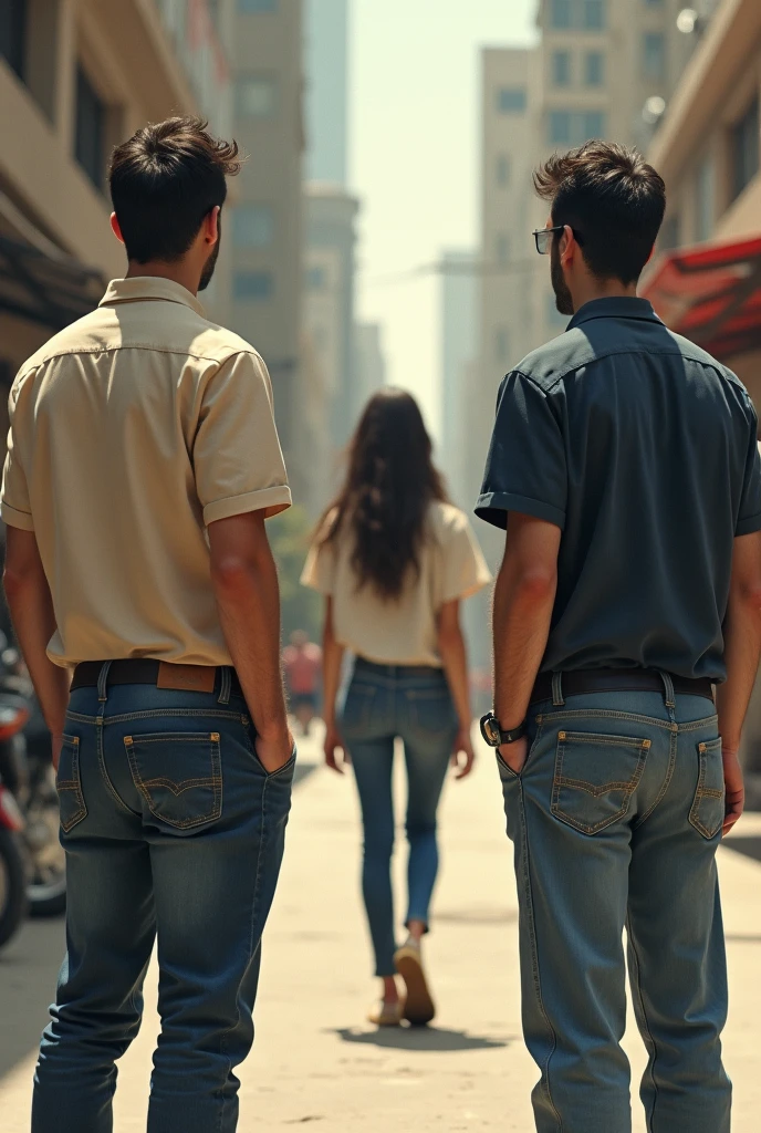 Two men from the back watching the girl go Less formal That they are waiting for her