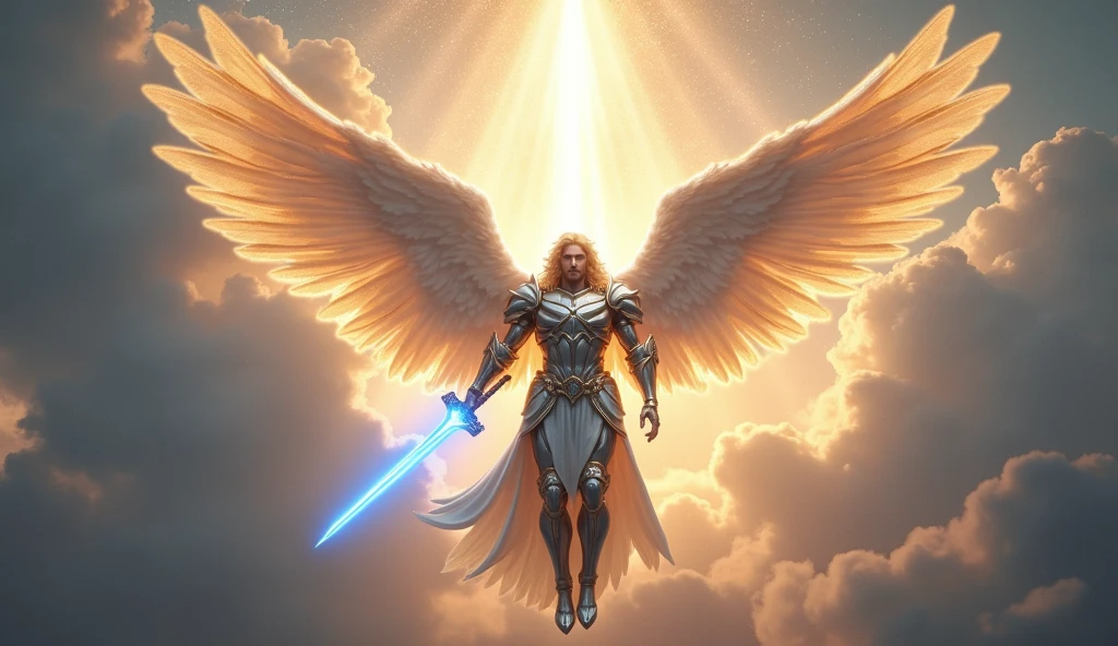 Ultra realistic Archangel Michael, in all its glory, floating above a heavenly landscape. Your armor reflects the sun's brightness, and his blue light sword is raised, emanating rays of divine energy. Your wings are outstretched, and he looks down with a look of determination and righteousness, while in the background, a heavenly portal shines brightly.