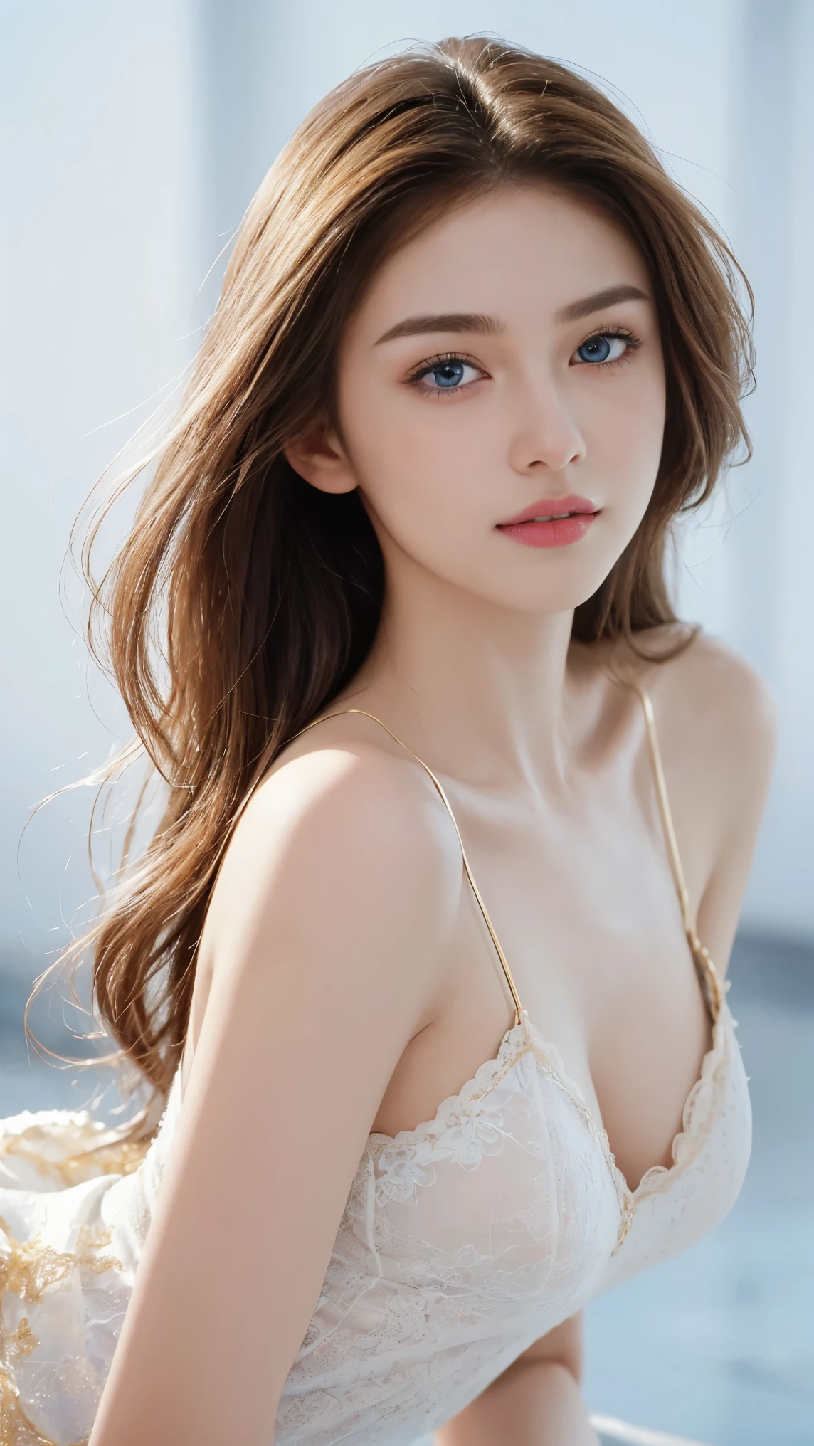 8K, Top Quality, Intricate Details, Ultra Detail, Ultra High Resolution, Masterpiece, Direct face angle, Slender, Smile, close up shot, (Makeup: 0.4), (Fluffy Blue Eyes: 1.21), blue Eyes, looking at camera,, 1girl, solo, 1 girl, , close up shot, , ((tall)), (((fit body))), (((slim face))), sharp face, sharp eyes, ((( golden hair, long hair, )) , (detailed face), sharp face, small lips,
(()), ((Nice white night dress)), detailed face, detailed breast, , large breast, detail ass, , Beautiful girl with accentuated slender abs: 1.4, Six Pack Abs: 1.4, Bust Botox, Big, Perfect Body, detail leg, Natural light