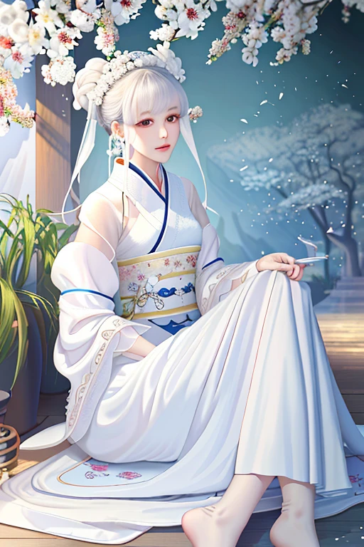 A woman in a white dress is sitting on the floor，White Hanfu，palace，Girl wearing Hanfu，Hanfu，Dressed in ancient Chinese costumes，Gurwitz，Ethereal Beauty，Guttweiz-style artwork，Beautiful fantasy queen，Chinese traditional clothing，Chinese clothing，Chinese traditional，Light milky white porcelain skin，Ordinary girl&#39;s bare feet and hands