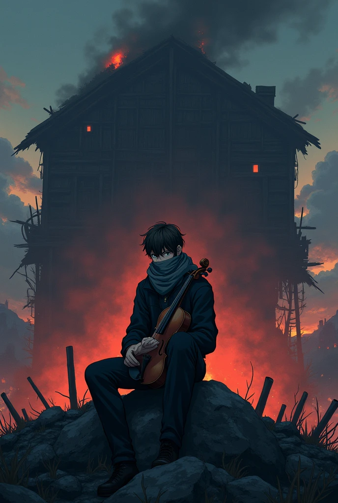 The image is anime style cowboy bebop and Darker than black with shadows and dim lights, anime style although somewhat adult and dark, It shows a single adult male aged 26., brown hair and brown eyes, sitting on top of the ruins of a colossal cabin charred in embers, He wears a scarf covering his mouth and a violin in his hand., next to his bow. it&#39;s dawn. The image is taken from below that huge cabin