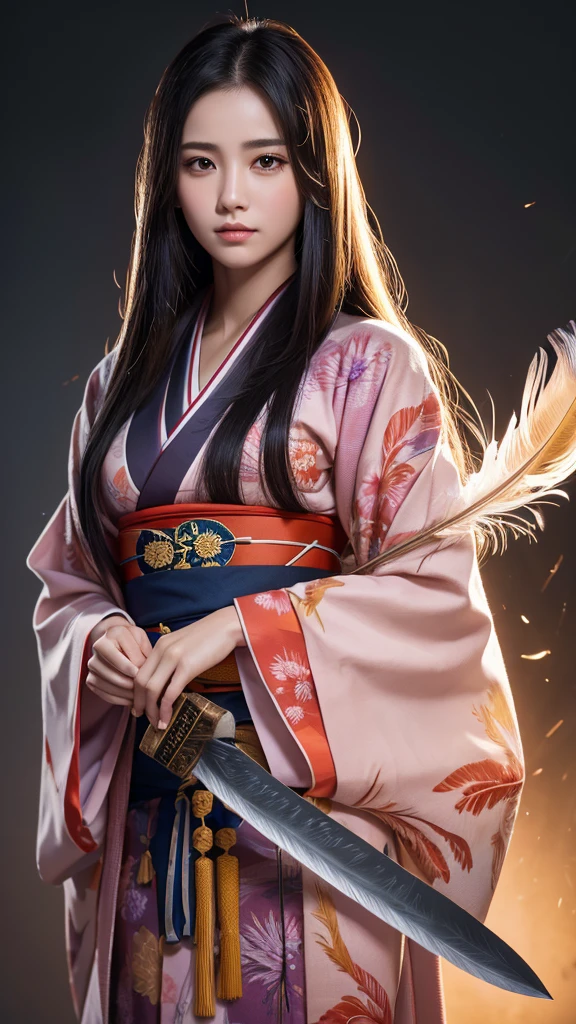 8k,Highest quality,(masterpiece:1.2),(Realistic),(Realistic:1.37),Ultra-high resolution,1 female college student,Perfect body,Perfect Fingers,Professional Lighting,Detailed face and skin texture,fine grain,RAW Photos,Long Hair,Colorful Hair,A dress like a kimono,Character portrait,whole body,Feather,(舞い散るFeather),天使のFeather,knife(日本knife),Brandish