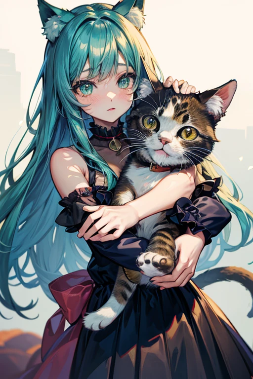 anime girl with teal hair and brown ayes hugging a cat, cute anime catgirl, anime catgirl, beautiful anime catgirl, very beautiful anime cat girl, anime girl with cat ears, anime cat, very beautiful cute catgirl, catgirl, cute anime, by Shitao, pixiv, soft anime illustration, cat girl,