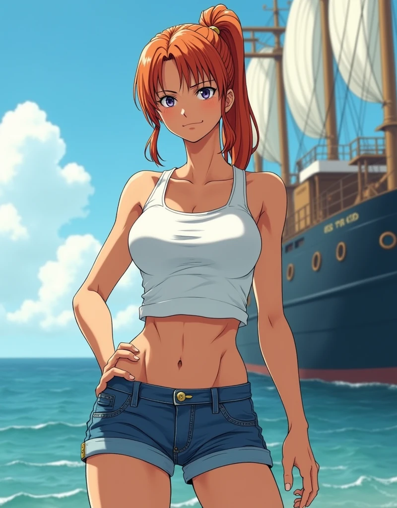 1girl, art by Eiichirio Oda, nami, wearing a tank top(tight fitting, white colour), denim short pant, ponytail, late middle age, looking at the viewer, ship on the background