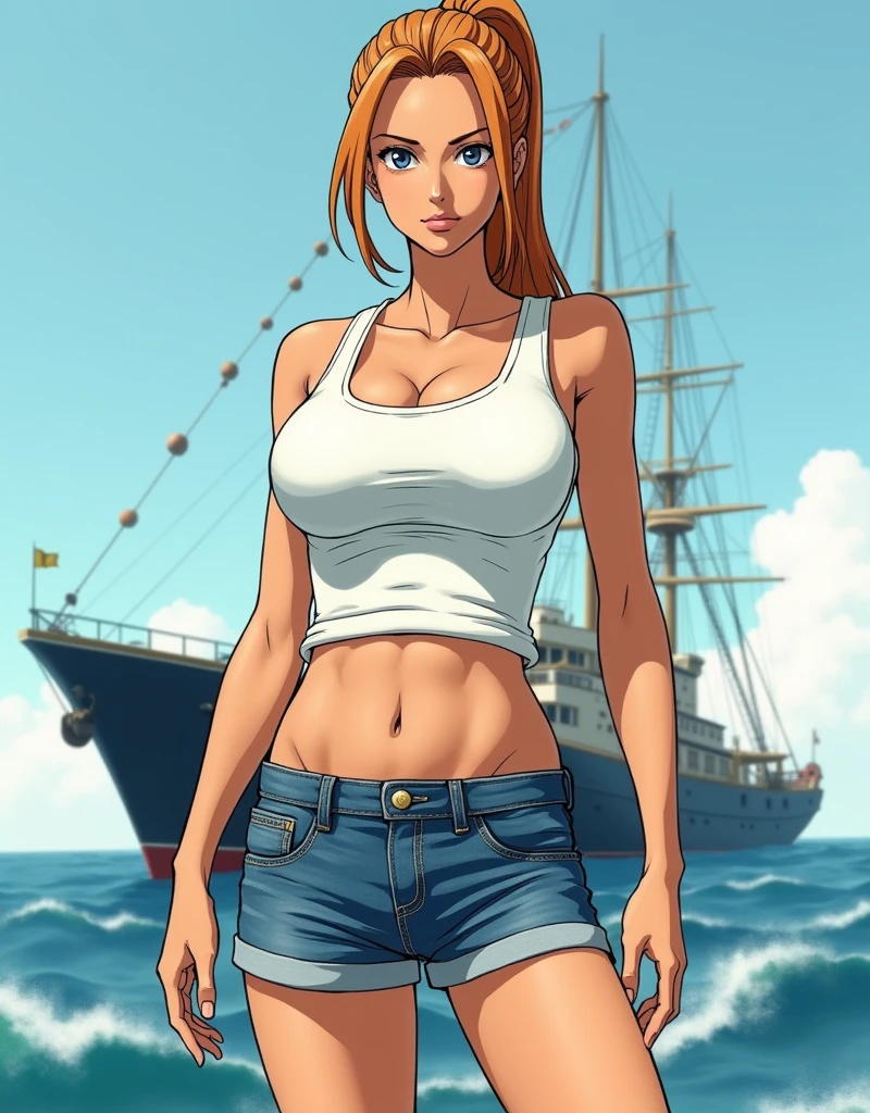1girl, art by Eiichirio Oda, nami, wearing a tank top(tight fitting, white colour), denim short pant, ponytail, late middle age, looking at the viewer, ship on the background