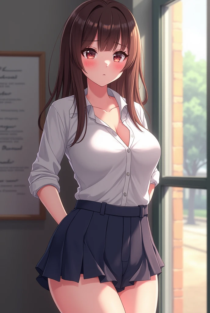 Boy and girl having sex,2D, masterpiece, Highest quality, anime, Very detailed, One girl, alone, Cowboy Shot, nakano miku, Brown Hair, Hair between the eyes,bra,White panties,Medium chest, Are standing, School,classroom