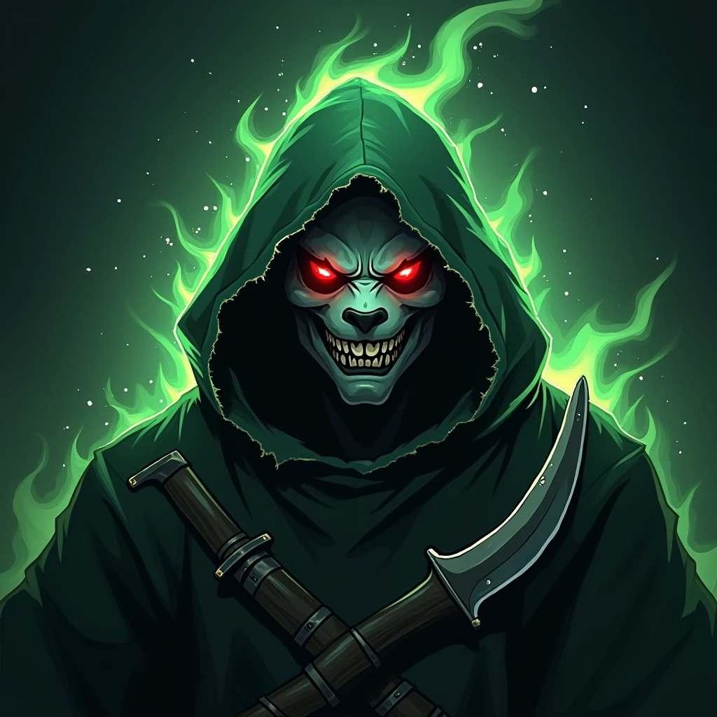 a heavily detailed dark fantasy ((esports logo:)1.37), a menacing “PANDA-KING” with glowing red eyes and a sinister grin, shrouded in a tattered dark green hooded cloak made of mystical flowing energy, ghostly ethereal with vibrant green-dark highlights, two curved sharp ((“BAIONETA-MILITARY” knive from CS:GO)) partially visible beneath the cloak, powerful aggressive competitive spirit, deep greens blacks vibrant gold white highlights, strong mysterious fierce identity, more detail, enhanced.