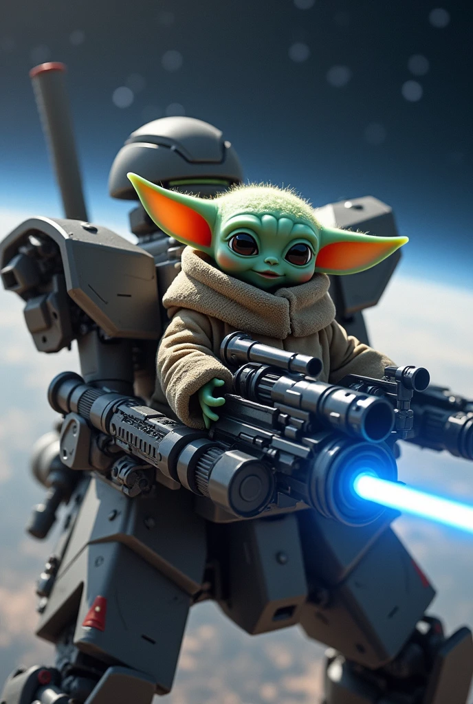 ((best quality)), ((masterpiece)), ((realistic)), 1baby Yoda, steering a giant mecha, cute yoda ,large,eyes, high-resolution, the mecha is equipped with a blue energy-saber in the right hand and an assault rifle in the right hand, the mecha has a rocket launcher on the shoulder, the macha has a gundam style, background is in outer space