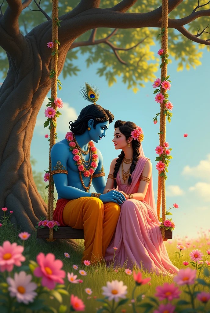 Adult Lord Krishna and Radha sit together on a charming swing hanging from the branch of a large tree. The swing’s ropes are adorned with an array of colorful flowers. Krishna, with his dark blue complexion, wears a peacock feather on his head and a light pink and white flower garland around his neck. Adult Radha, with her fair skin, has her beautifully braided hair decorated with delicate flowers. She wears a light pink ghagra choli, complemented by a beautifully draped dupatta. They are surrounded by a field of blooming flowers, adding to the serene and enchanting atmosphere of the scene.