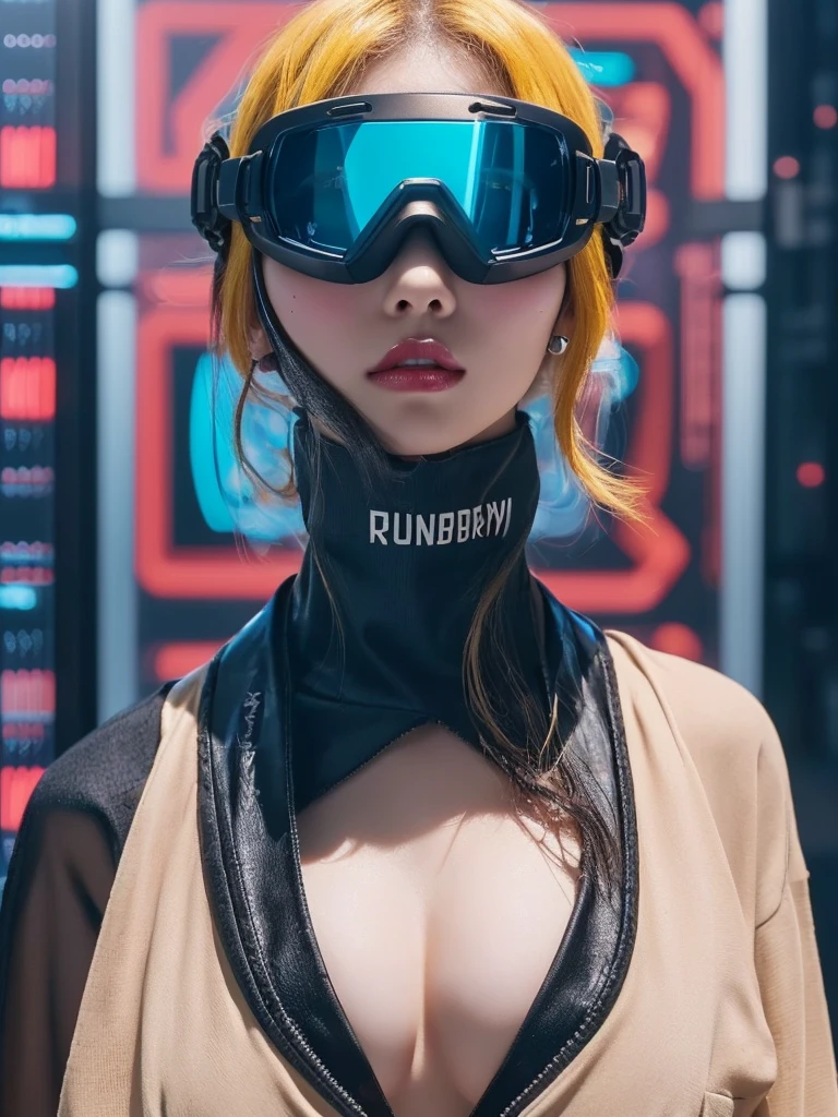 (masterpiece:1.2,Exceptional Quality,mirror-like,cinematic experience),8k,wallpaper,Ray Tracing,(woman),Are standing,(美しいwoman,sexy),(Wearing futuristic cyber goggles:2.0,Data displayed on the goggles:2.0,Colorful detailed graph of goggles:2.0,Colorful typography displayed on goggles:2.0),(A face with attention to detail,Detailed skin texture,Beautiful Skin),(Looking into the camera),(front),(Face close-up:2.0),(Server puncture:2.0),(The background is a wall of data:2.0),(Glossy Lips:1.5),Beautiful breasts,Beautiful valley,Beautiful breasts(サイバーでsexyなボディスーツ:1.5),Highly detailed art gems,Blonde,Open chest,((Cowboy Shot)),((whole body))