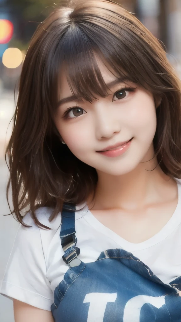 8k,Highest quality,(masterpiece:1.2),(Realistic),(Realistic:1.37),Ultra-high resolution,1 female college student,Long Wavy Hair,smile,Beautiful Eyes,Beautiful teeth alignment, In town,(((T-Shirts))),Big Breasts,Perfect body,Perfect Fingers,Professional Lighting,gravure,Detailed face and skin texture,fine grain,RAW Photos