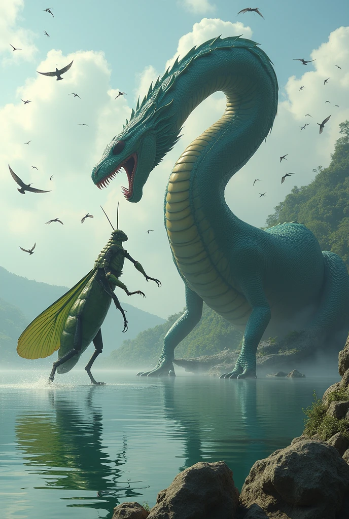 Create an image of a giant snake fighting a giant grasshopper in the middle of a large lake, with birds flying away in chaos.