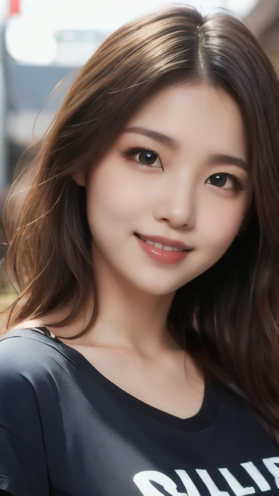 8k,Highest quality,(masterpiece:1.2),(Realistic),(Realistic:1.37),Ultra-high resolution,1 female college student,smile,Long Wavy Hair,Beautiful Eyes,Beautiful teeth alignment, In town,(((T-Shirts))),Big Breasts,Perfect body,Perfect Fingers,Professional Lighting,gravure,Detailed face and skin texture,fine grain,RAW Photos