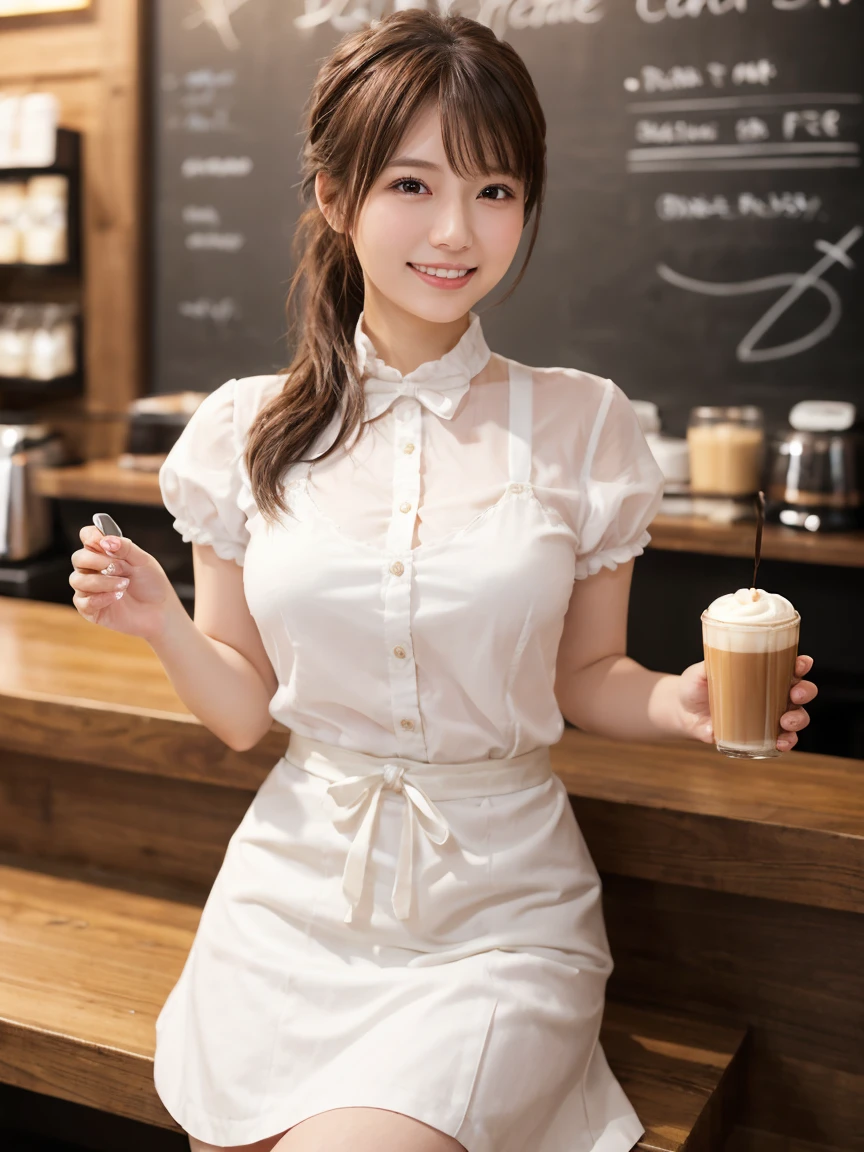 1 girl、(RAW Photos、Highest quality)、(Real、フォトReal:1.4)、Tabletop、Very delicate and beautiful、Very detailed、2k wallpaper、wonderful、Detailed、Very detailedCG Unity 8k壁紙、Super detailed、1、High resolution、((White waitress outfit))、Long skirt、Elegant skirt、Big Breasts、Frills、ribbon、Soft Light、Beautiful detailed girl、Cafeのウエイトレス、Medium Hair、ponytail、smile、Happy Face、Cafe、coffee shop、Latte Art