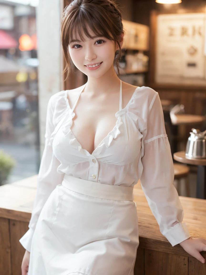 1 girl、(RAW Photos、Highest quality)、(Real、フォトReal:1.4)、Tabletop、Very delicate and beautiful、Very detailed、2k wallpaper、wonderful、Detailed、Very detailedCG Unity 8k壁紙、Super detailed、1、High resolution、((White waitress outfit))、Long skirt、Elegant skirt、Big Breasts、Frills、ribbon、Soft Light、Beautiful detailed girl、Cafeのウエイトレス、Medium Hair、ponytail、smile、Happy Face、Cafe、coffee shop、Latte Art
