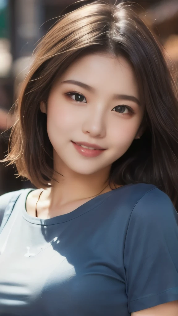 8k,Highest quality,(masterpiece:1.2),(Realistic),(Realistic:1.37),Ultra-high resolution,1 female college student,smile,Long Wavy Hair,Beautiful Eyes,Beautiful teeth alignment, In town,(((T-Shirts))),Big Breasts,Perfect body,Perfect Fingers,Professional Lighting,gravure,Detailed face and skin texture,fine grain,RAW Photos