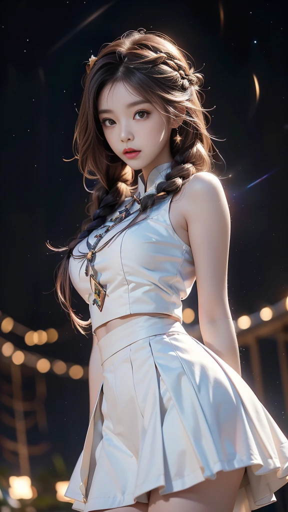 ulzzang-6500-v1.1, (RAW photo: 1.2), (Real photo), (Real photo: 1.4), 1 girl、Perfect anatomy、1、Looking at the camera、Medium length hair、side braids, uniform white skirt, in a surreal royal garden, under the starry night sky, ((starry night: 1.1))、(Business service)、Asian eyes Ella,
