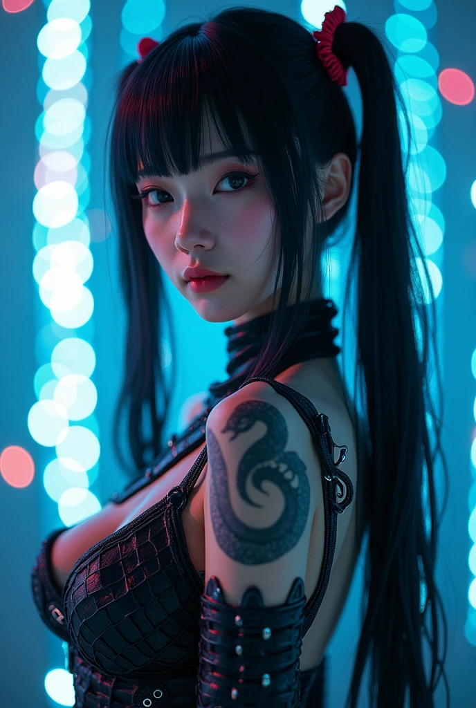 A (((cosplayer girl))) embodying the essence of the night, with a pale complexion and black hair styled in (((pigtailss))), (((wearing a fantastical Jepara-inspired humanoid snake Dragon cyborg outfit))), illuminated by LED-lit strands in a club-like backdrop, evoking a sense of dramatic lighting that brings a cinematic atmosphere