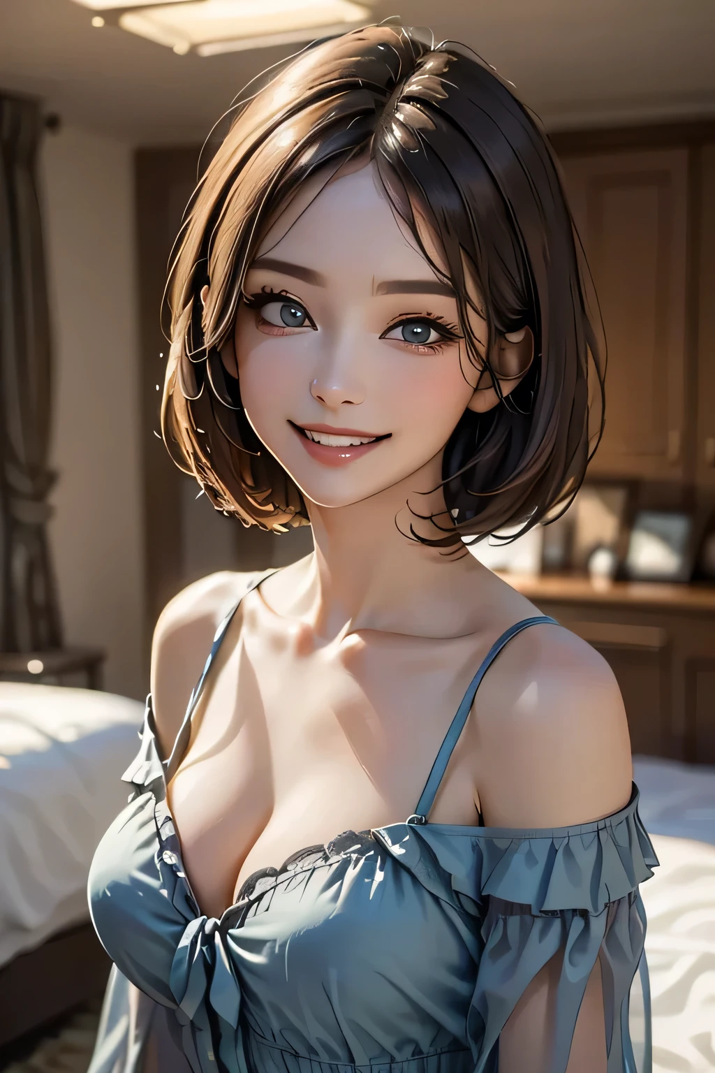 ((Realistic Light, Highest quality, 8k, masterpiece: 1.3)), 1 girl, A beautiful and fruitful year, Brunette Bob, (), Random color off-shoulder cut top: 1.3, Highly detailed face, Beautiful Eyes, double eyelid, smile, Cleavage, Sasts, (My Room),g