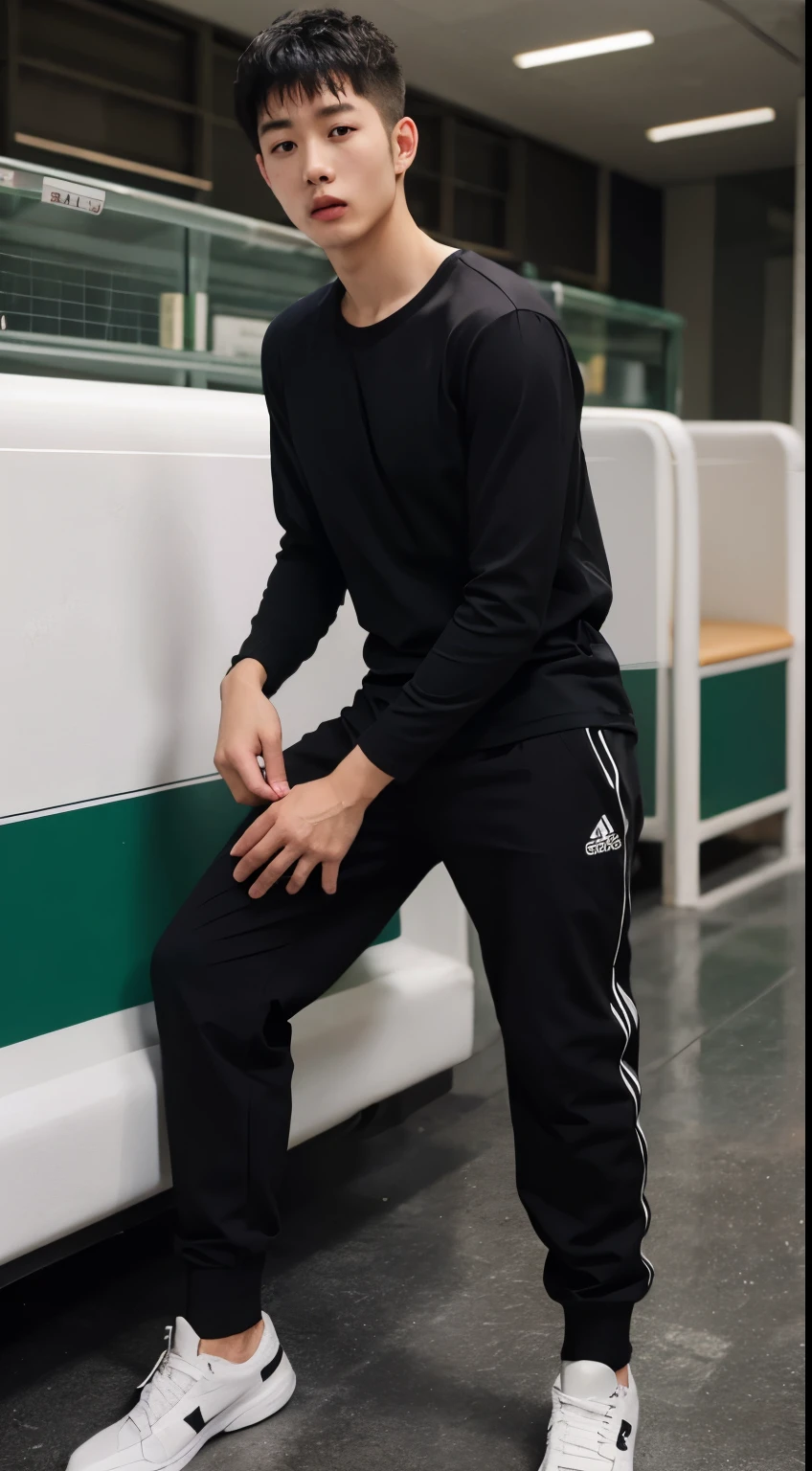 1 handsome guy,Handsome,Male college student,Cycling in the park,musculous,hairy bodies,athletic sneakers,Black socks,Abs, pectorals, loom,Gray tracksuit sweatpants(Detailed eyes:1.3),Black eyes,full bodyesbian,