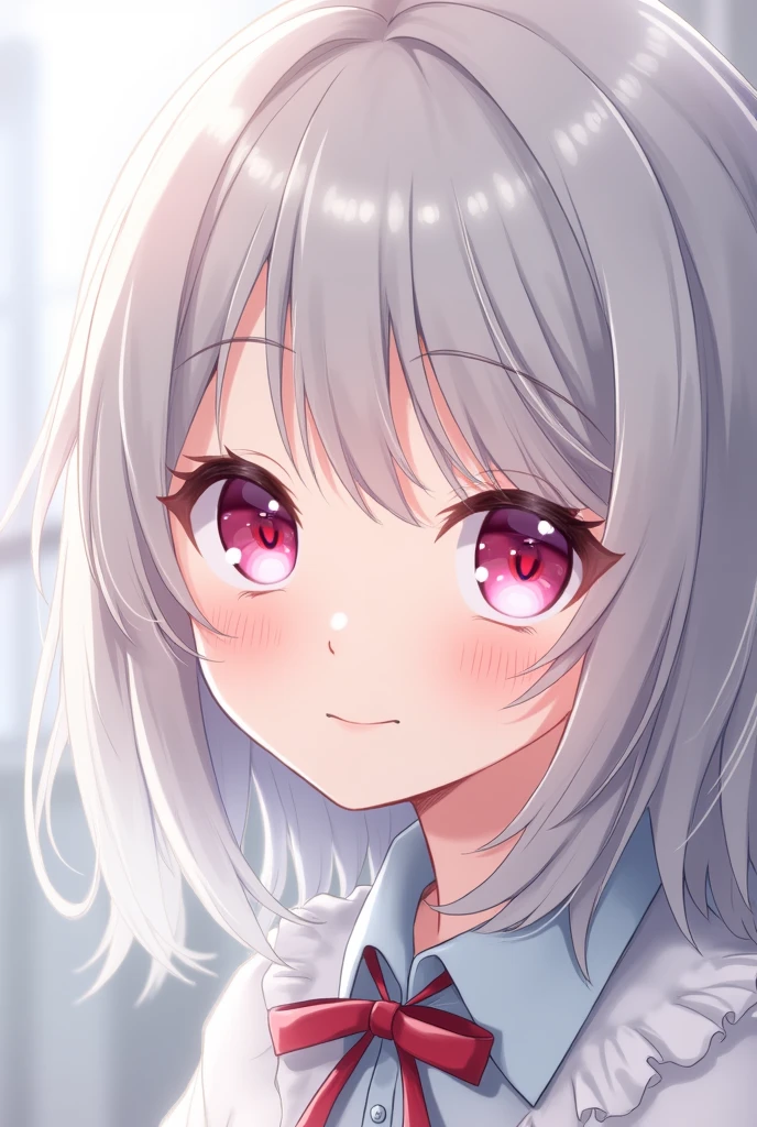 High resolution, Highest quality, Grey Hair, Silver Hair, Medium Hair, Hair that falls over the shoulders, Close your mouth, Pink eyes, smiling, Bright Eyes, Tsundere, Background blur, anime, anime風, Illustration, Ghibli-style colors, 日本のIllustrationスタイル, 