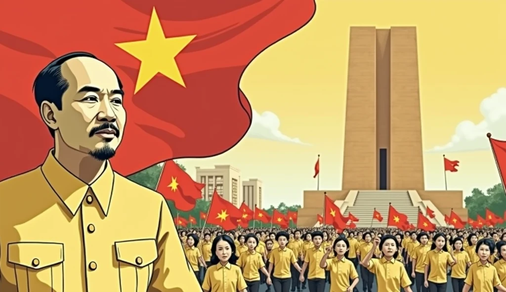 A group of Vietnamese people wearing red shirts with yellow stars and holding national flags are marching on the square to President Ho Chi Minh&#39;s mausoleum.