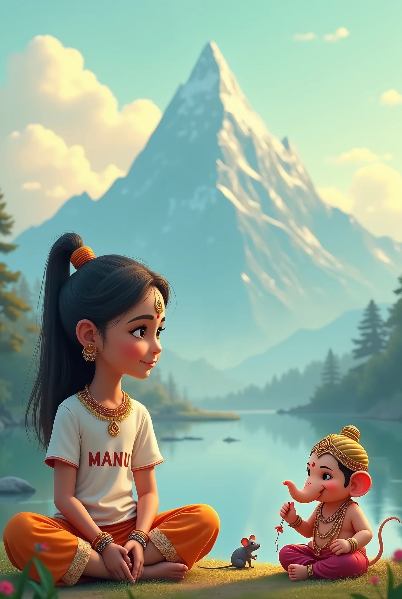 Create a digital artwork featuring a serene landscape with mountains in the background. In the foreground, depict a Child Girl sitting cross-legged, wearing modern clothing with her name, 'Richa' written on her T-shirt. Next to her, place Child Ganesha. A small mouse, Lord Ganesha's vehicle, should be sitting nearby Wow, you have caught a juicy laddu. Lord Ganesha should be adorned with traditional jewelry and clothing, exuding a divine and peaceful aura. The overall scene should blend elements of traditional spirituality with modern aesthetics, creating a harmonious and serene atmosphere."
