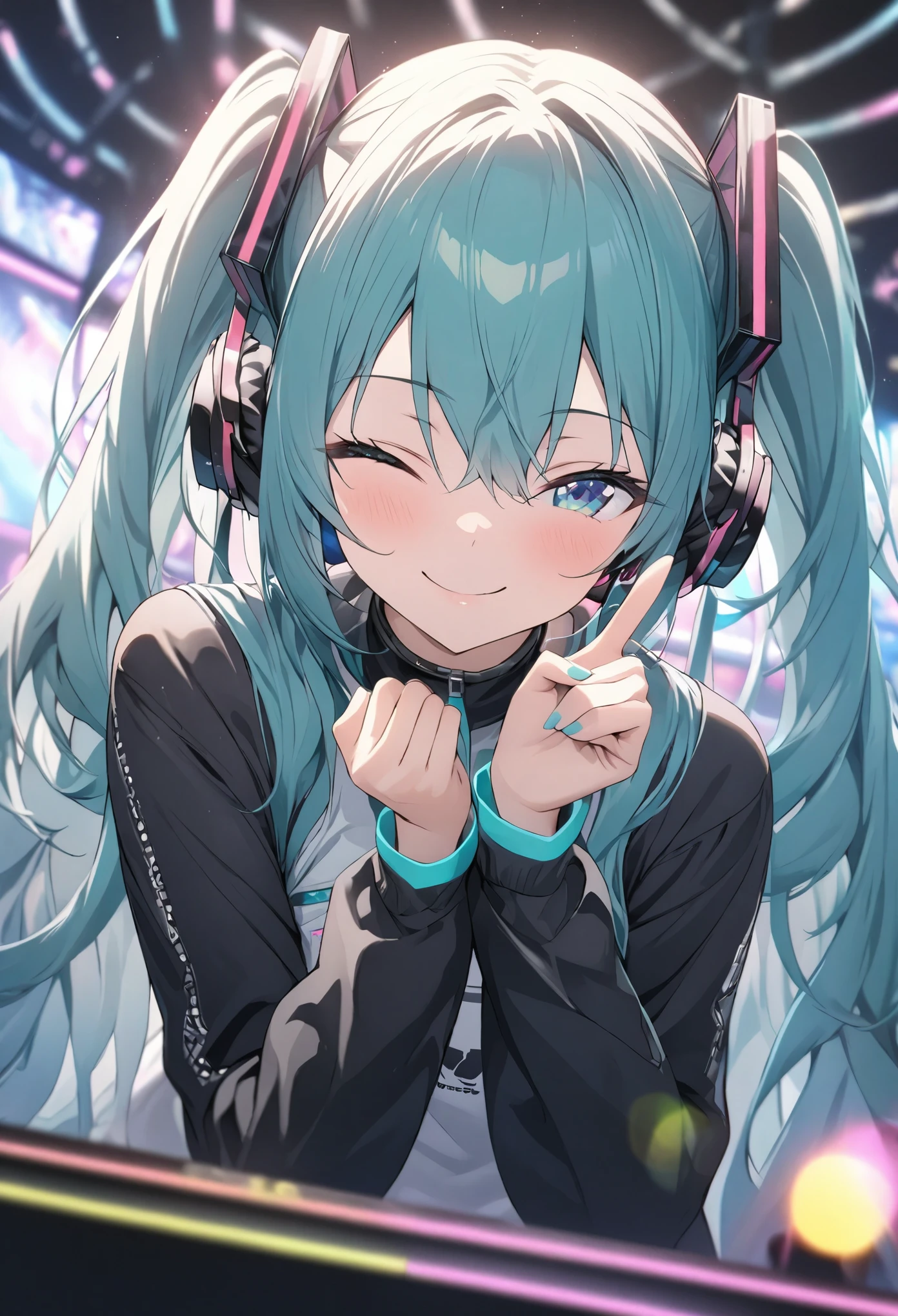 Hatsune Miku、masterpiece, Highest quality, Highly detailed CG Unity 8K wallpapers, headphone microphone、Finger gun pose、she has her eyes closed and mouth open, smile. The background is a live stage with neon lights shining, Large holographic monitor, Light blue eyes, bokeh photography, (soft focus):1.2, out-of-focus highlights, dreamy ambiance, glowing circles, mesmerizing depth、Deep depth of field、Anatomical Hand、Anatomical Fingers、Golden Ratio、