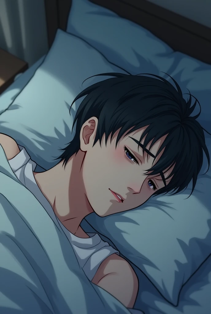 Man lying dreaming in bed sad anime drawing hd
