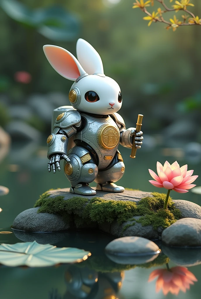 [Vision:1.0]，[Wide Angle:1.0]，(optimal:1.2)，masterpiece，Mooncake box，Stone platform，rock，moss，pond，water，reflection，water池，shadow，lotus，Lotus Leaf，Mid-Autumn Festival national trend design elements，Yutu lunar exploration robot national trend style，Jade Rabbit in mechanical armor，Handheld high-tech detector，Curious eyes exploring the unknown，装甲上融入中国传统纹样如祥云lotus，The color scheme is mainly silver-gray and gold，Moonlight white lavender embellishment，Create a cool and dreamy atmosphere,，smoke，Osmanthus fragrans，Tree，leaf，3d, C4D rendering, 8k, super high detail, Bright colors，Bright，rgb, Colorful)，(High contrast:1.5)，(whole body:1.8), magazine photography，Popular on social platforms，((Dopamineism))，(((Dopamine color matching)))，Facing the screen，Dopamine color，High Saturation，High contrast，High Definition，8k，Dopamine，(in the style of Y2K)，Luo Erchun，Three-dimensional ancient style，Oriental poetry and painting