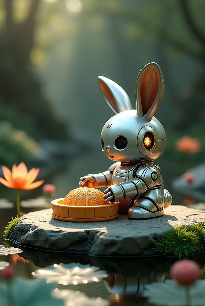 [Vision:1.0]，[Wide Angle:1.0]，(optimal:1.2)，masterpiece，Mooncake box，Stone platform，rock，moss，pond，water，reflection，water池，shadow，lotus，Lotus Leaf，Mid-Autumn Festival national trend design elements，Yutu lunar exploration robot national trend style，Jade Rabbit in mechanical armor，Handheld high-tech detector，Curious eyes exploring the unknown，装甲上融入中国传统纹样如祥云lotus，The color scheme is mainly silver-gray and gold，Moonlight white lavender embellishment，Create a cool and dreamy atmosphere,，smoke，Osmanthus fragrans，Tree，leaf，3d, C4D rendering, 8k, super high detail, Bright colors，Bright，rgb, Colorful)，(High contrast:1.5)，(whole body:1.8), magazine photography，Popular on social platforms，((Dopamineism))，(((Dopamine color matching)))，Facing the screen，Dopamine color，High Saturation，High contrast，High Definition，8k，Dopamine，(in the style of Y2K)，Luo Erchun，Three-dimensional ancient style，Oriental poetry and painting