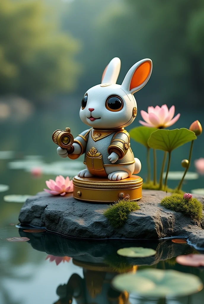 [Vision:1.0]，[Wide Angle:1.0]，(optimal:1.2)，masterpiece，Mooncake box，Stone platform，rock，moss，pond，water，reflection，water池，shadow，lotus，Lotus Leaf，Mid-Autumn Festival national trend design elements，Yutu lunar exploration robot national trend style，Jade Rabbit in mechanical armor，Handheld high-tech detector，Curious eyes exploring the unknown，装甲上融入中国传统纹样如祥云lotus，The color scheme is mainly silver-gray and gold，Moonlight white lavender embellishment，Create a cool and dreamy atmosphere,，smoke，Osmanthus fragrans，Tree，leaf，3d, C4D rendering, 8k, super high detail, Bright colors，Bright，rgb, Colorful)，(High contrast:1.5)，(whole body:1.8), magazine photography，Popular on social platforms，((Dopamineism))，(((Dopamine color matching)))，Facing the screen，Dopamine color，High Saturation，High contrast，High Definition，8k，Dopamine，(in the style of Y2K)，Luo Erchun，Three-dimensional ancient style，Oriental poetry and painting