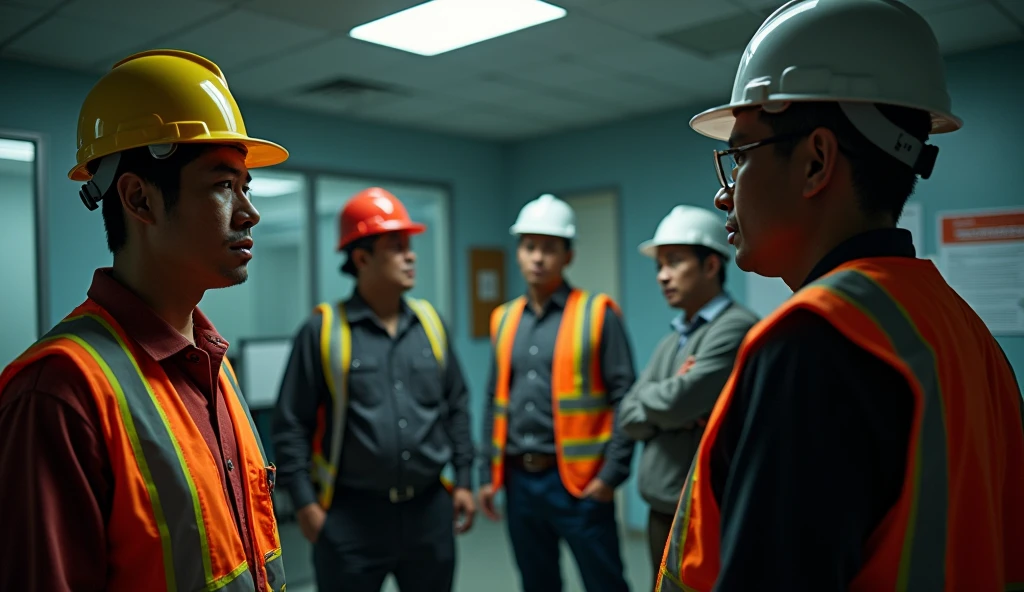 the asian construction workers were ordered to stop their mole hunting activities by representatives from the Environmental Protection Agency. They are all seen in the photo looking angry and are in an office in the night.
