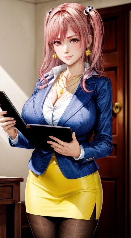 Honoka, Secretary,Pink Hair,cleveage,big breasts, yellow blazer, Pantyhose,Lovely,necklace,earrings,Red lips,Shy, secretary, Holding a folder,office, white pencil skirt